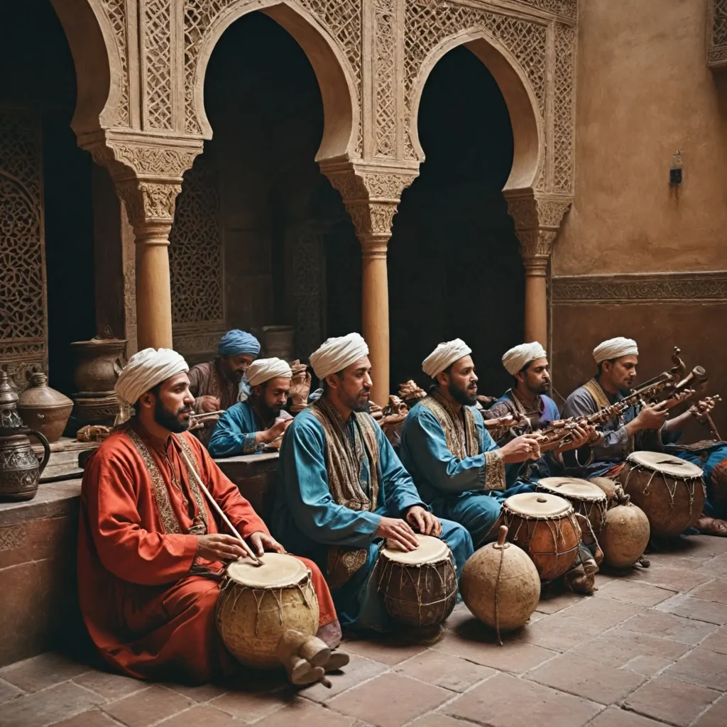 A captivating scene from the **Fes Festival of World Sacred Music** in Morocco, featuring musicians and performers from around the world. Showcase diverse artists playing traditional and contemporary instruments in stunning historic settings, such as ancient palaces and courtyards. Include an audience immersed in the music, surrounded by vibrant decorations and the enchanting architecture of Fes. Capture the atmosphere of unity and cultural celebration, with rich colors and intricate patterns that reflect the beauty of Moroccan heritage and the power of sacred music.