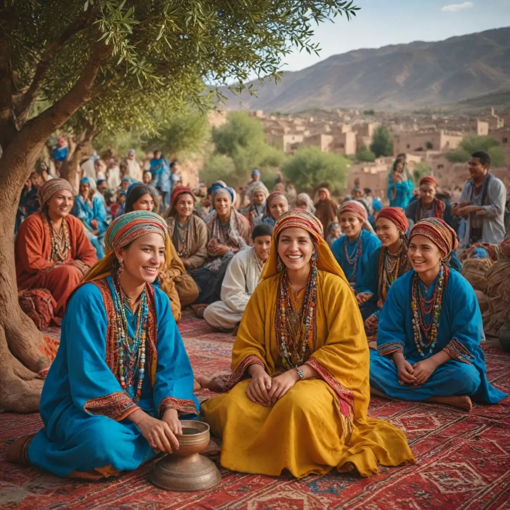 A vibrant scene depicting the **Amazigh New Year festival in Morocco**. Showcase traditional Amazigh people in colorful clothing, celebrating with music, dance, and communal feasting in the **Atlas Mountains**. Include decorations, traditional crafts, and blooming almond trees in the background, capturing the essence of cultural heritage and community spirit during this festive occasion. The atmosphere should be lively and joyful, with warm colors and intricate patterns typical of Amazigh art.