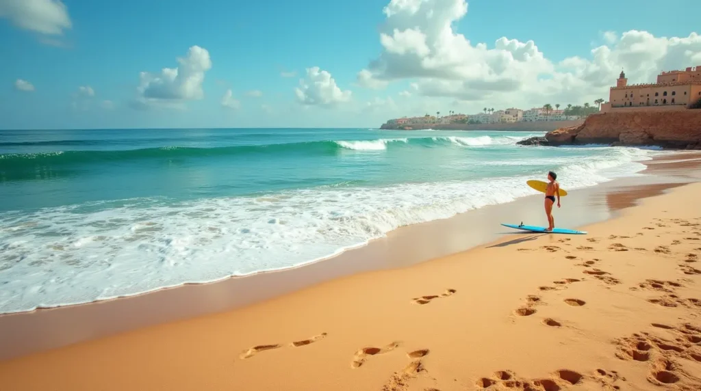 A surfer standing on a golden sandy beach in Morocco, holding a yellow surfboard, with gentle ocean waves and traditional Moroccan buildings in the background under a bright blue sky.