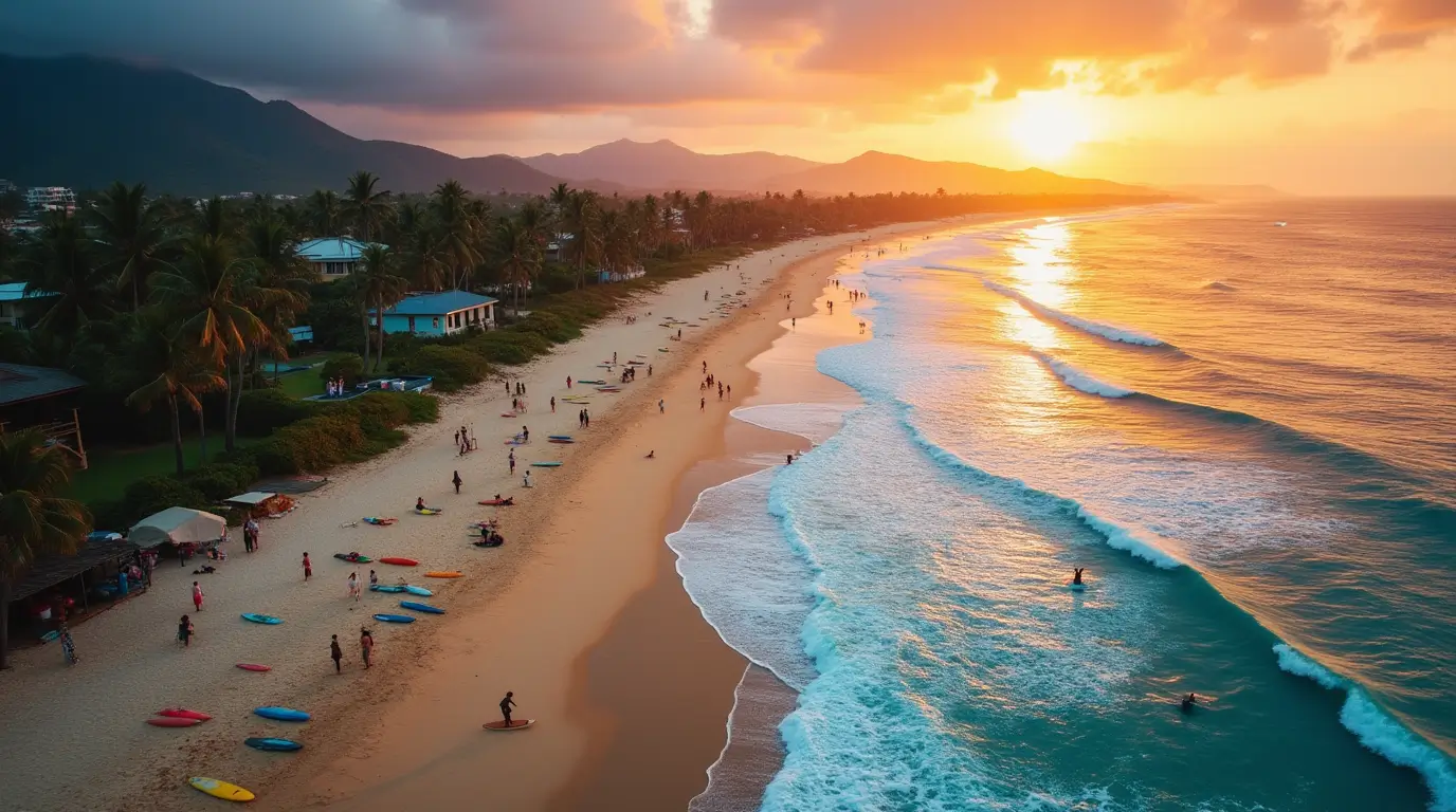 A captivating aerial view of a picturesque beach with surfers riding waves, colorful surfboards scattered on the sand, palm trees lining the shore, and a vibrant sunset casting warm hues over the scene. Include elements like beachgoers, surf camps, and coastal cliffs to capture the essence of a perfect surf travel destination.