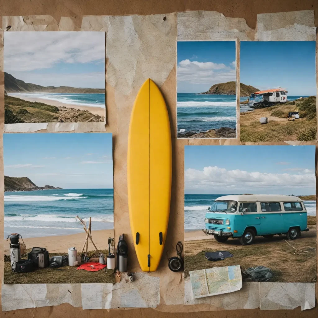 A collage of travel essentials for a surf trip, including surfboards, beach gear, a map, and a caravan, set against a backdrop of a scenic coastline with surfers in the water.