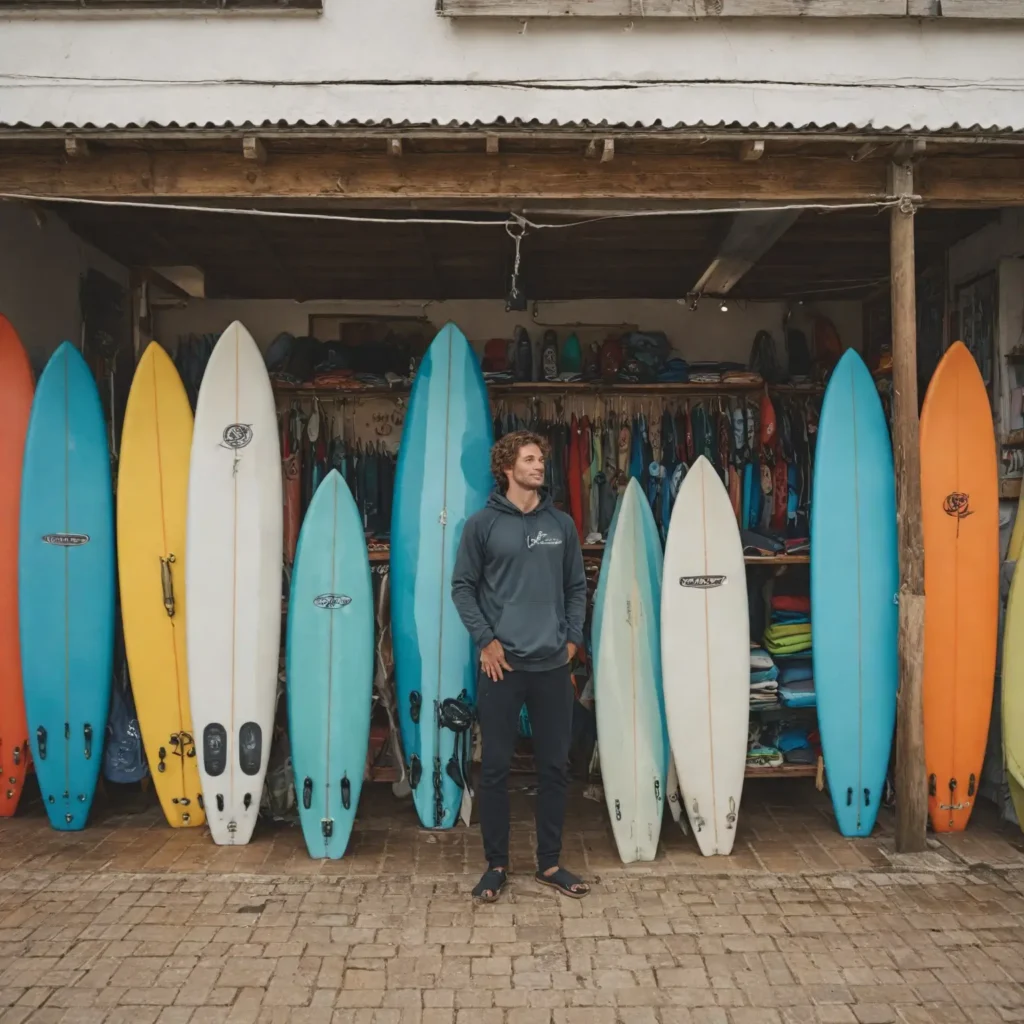 A lively surf rental shop filled with various surfboards and wetsuits, with surfers browsing equipment, alongside a friendly shop owner providing advice, all set in a coastal town.