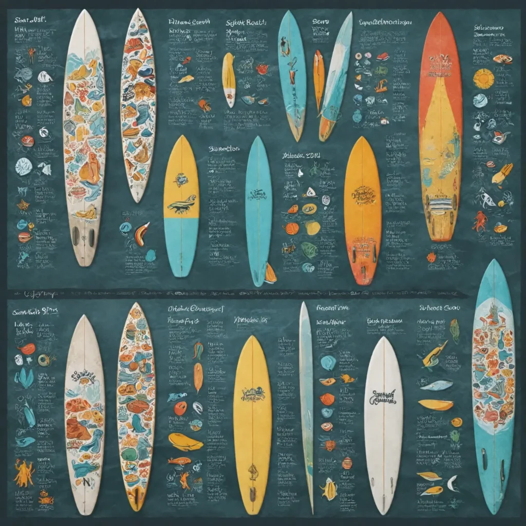 A seasonal infographic depicting different surf regions (Northeast, Southeast, South) with weather icons, surfboards, and crowds at beaches, illustrating the prime seasons and conditions for each area.