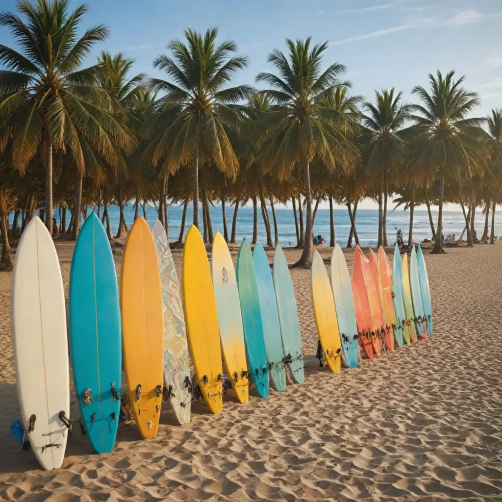 A vibrant beach scene depicting local surfers enjoying the waves, showcasing surfboards, colorful swimsuits, and beach culture, with palm trees and a sunny sky in the background.