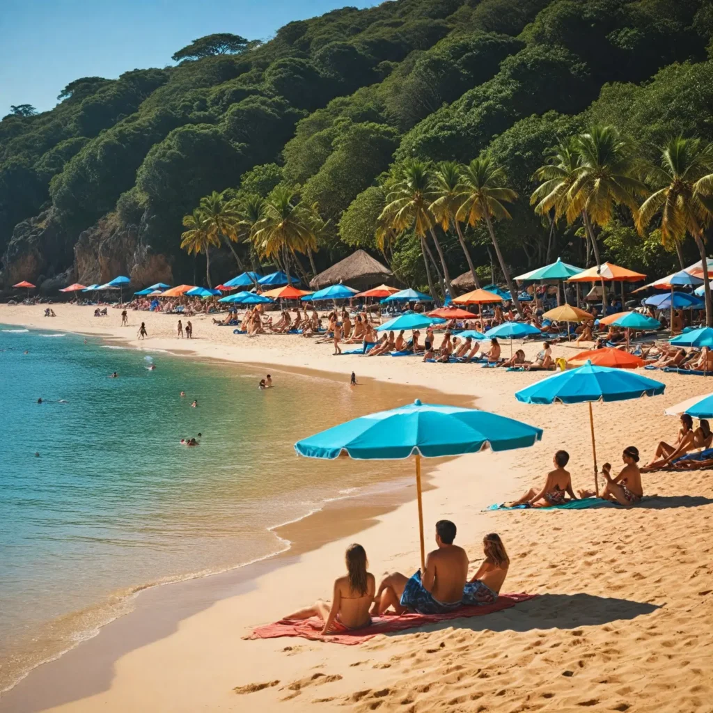 A vibrant beach scene in Búzios, Brazil, showcasing golden sandy beaches, turquoise waters, and colorful beach umbrellas, with people enjoying water sports and relaxing under the sun, capturing the lively atmosphere