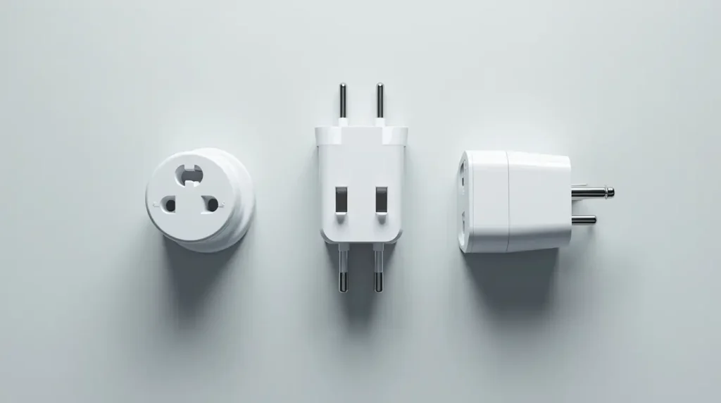 Comparison view of US, European, and Swiss Type J power adapters arranged side by side