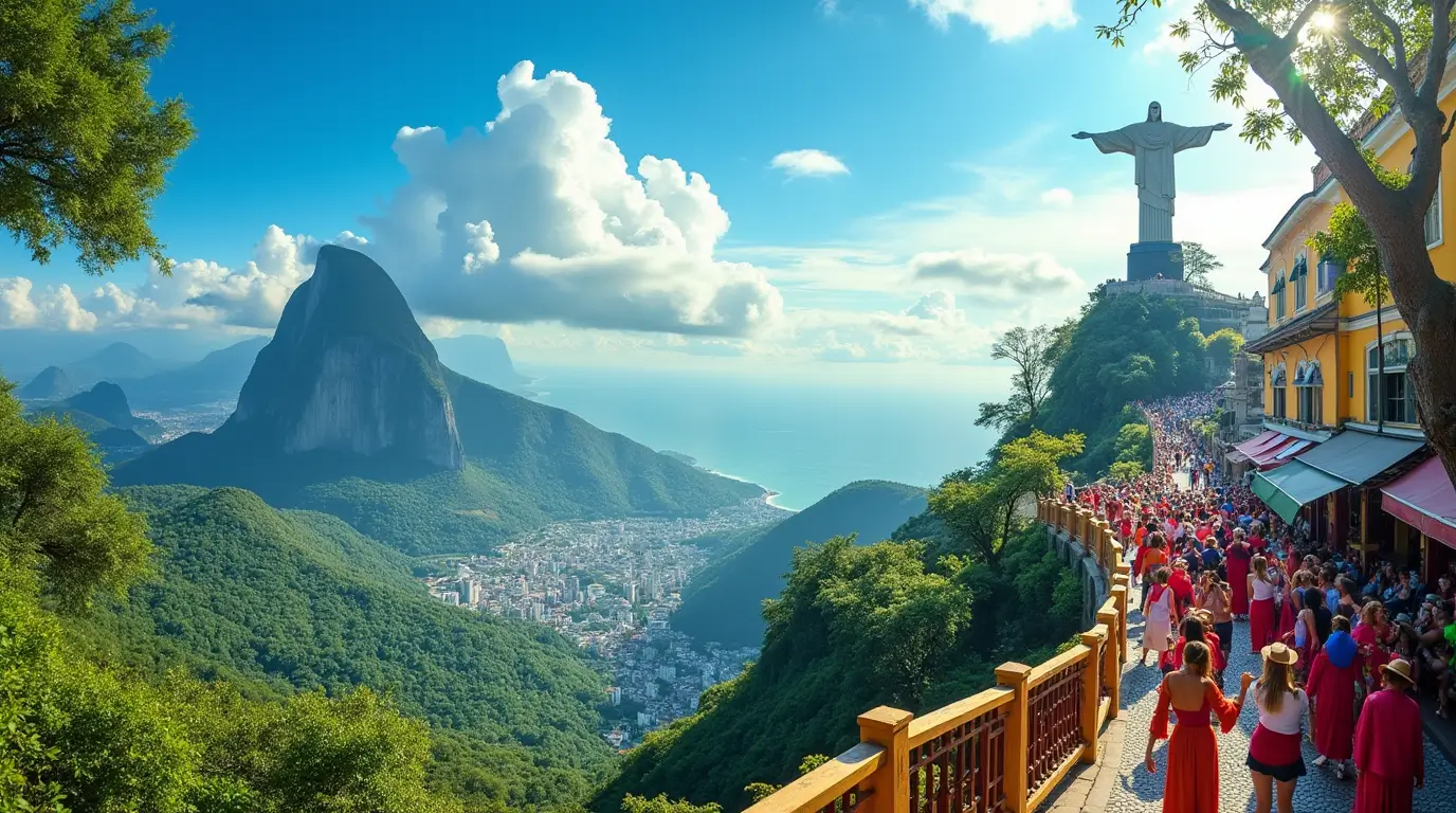 An eye-catching featured image for a travel blog about backpacking in Brazil, showcasing a vibrant landscape that includes iconic landmarks like Christ the Redeemer, lush Amazon rainforest, and colorful street scenes filled with samba dancers, all under a bright blue sky.