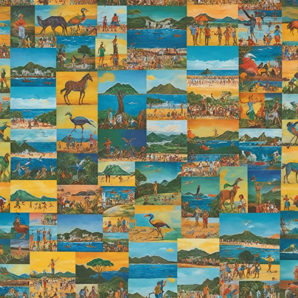 A vibrant and dynamic collage that showcases the best times to visit Brazil based on region and activity. Feature iconic scenes from Rio de Janeiro during summer with lively beachgoers at Copacabana, the lush Amazon Rainforest in its dry season with wildlife sightings, the Pantanal wetlands bustling with migratory birds, and the breathtaking Iguazu Falls in full flow. Include elements representing cultural festivals like Carnival, outdoor adventures like hiking in the Southern Highlands, and relaxing beach days along the Northeast Coast. The overall composition should be colorful and engaging, capturing the essence of Brazil's diverse travel experiences throughout the year.