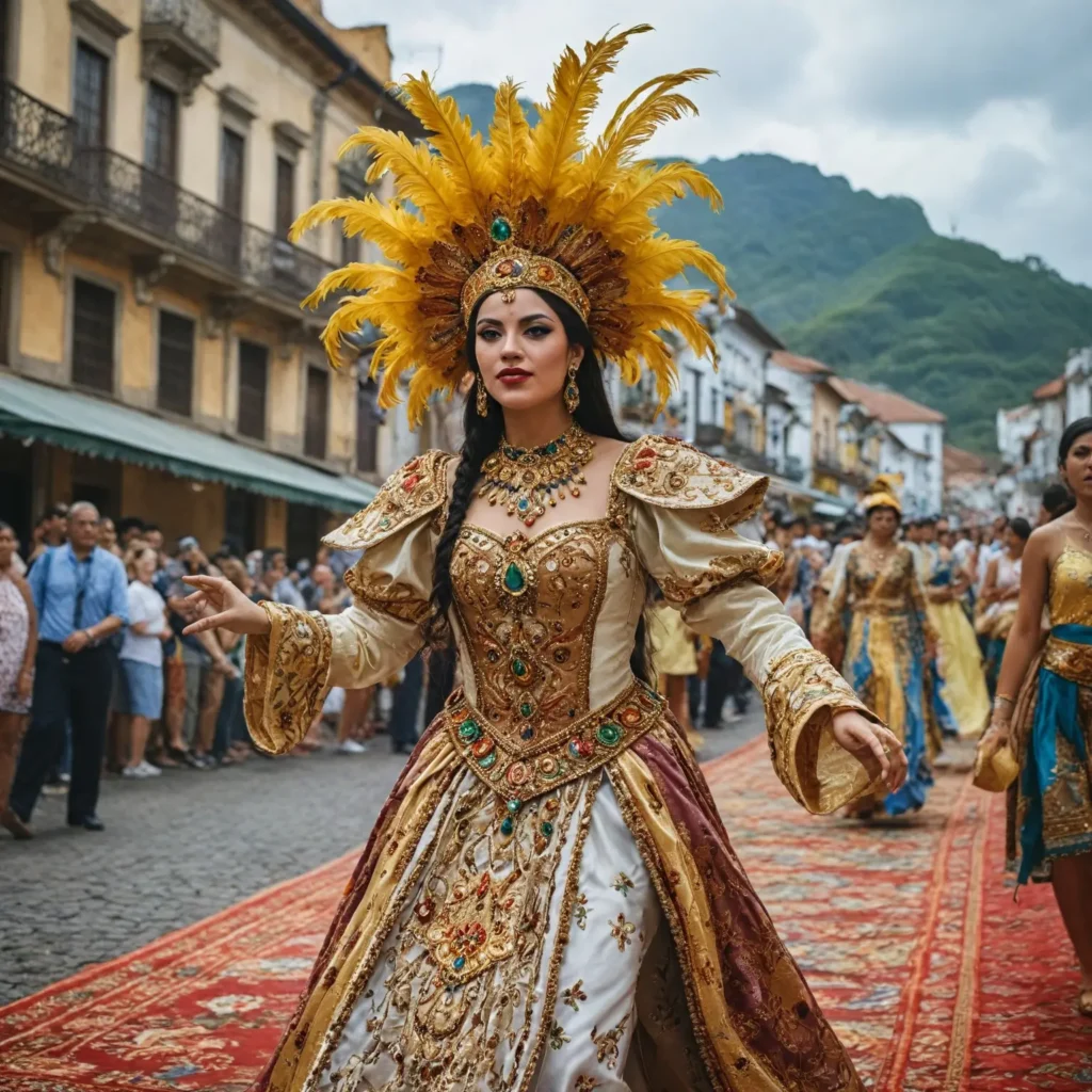 A vibrant scene that captures the essence of Brazil's most famous festivals and events. Focus on the lively atmosphere of Carnival in Rio de Janeiro, showing men costumes, vibrant floats, and enthusiastic crowds. Include elements of New Year’s Eve celebrations on the beach, with people dressed in white, fireworks lighting up the sky, and the ocean waves in the background. Additionally, depict the artistic beauty of Semana Santa in Ouro Preto, featuring intricate flower carpets and solemn processions. Highlight the festive spirit of the Bumba Meu Boi festival in the Northeast, with traditional music and dance performances. The overall image should convey the rich cultural tapestry and joyous spirit of Brazil's festivals throughout the year.