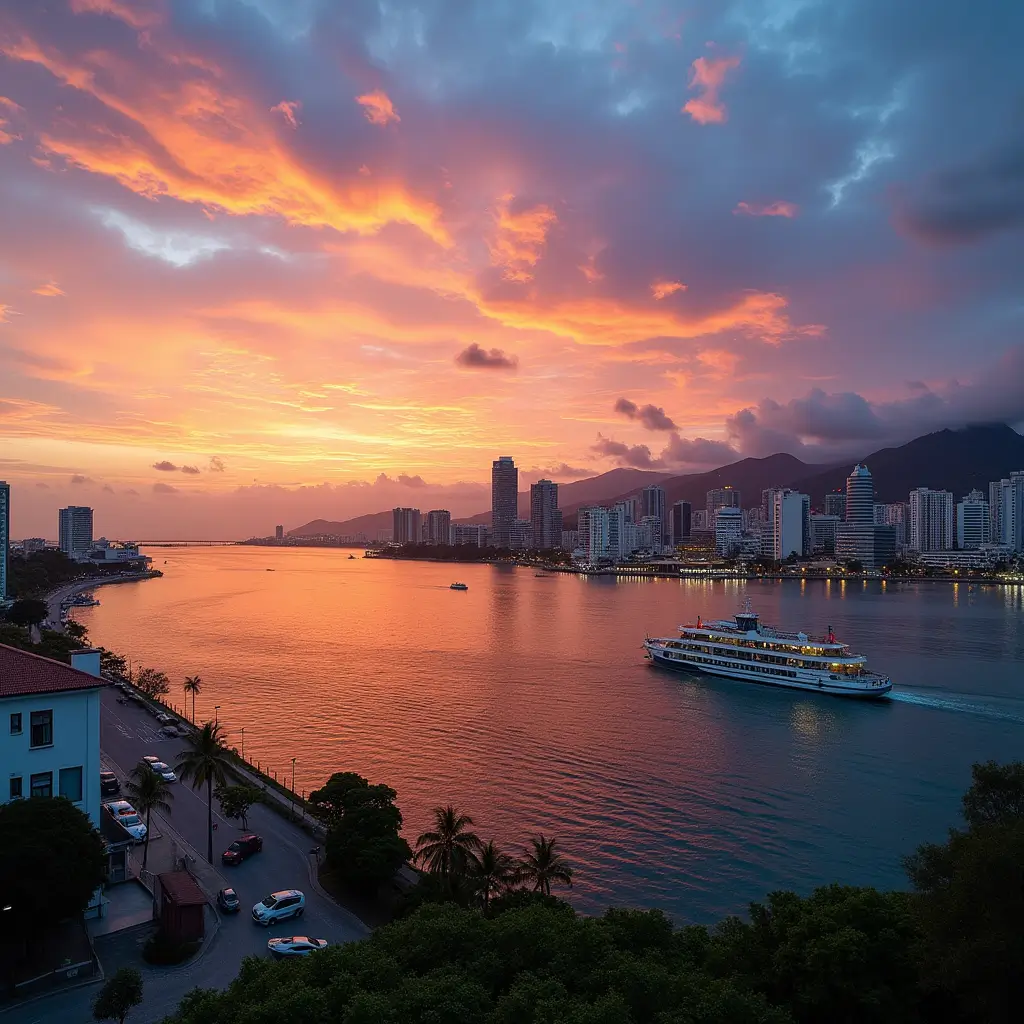 A breathtaking view of Niterói, Brazil, featuring the city skyline with the iconic Contemporary Art Museum in the foreground, vibrant sunset colors reflecting on the water, and a ferry sailing across the bay