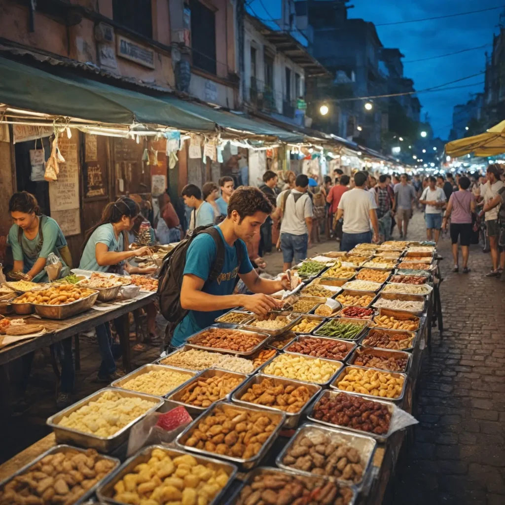 A backpacker counting their budget with a backdrop of Brazilian street food stalls and colorful markets, emphasizing affordable travel options.