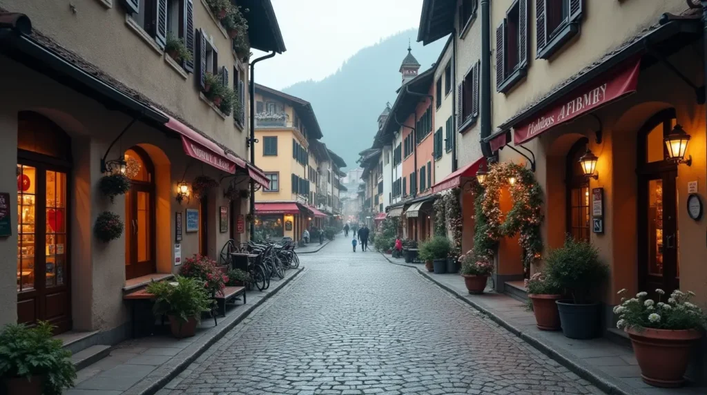 Quiet Swiss mountain town street during a public holiday, showing closed shops and empty cobblestone streets against alpine backdrop