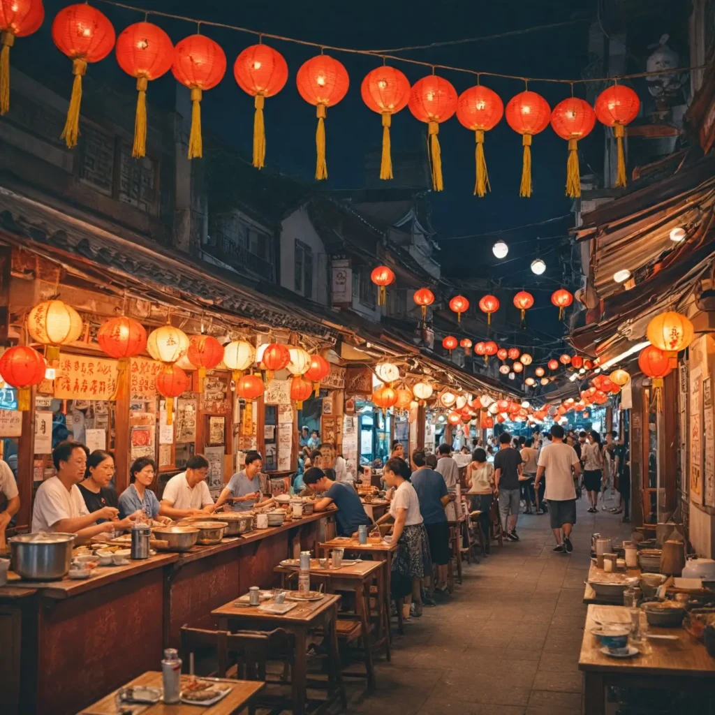 A vibrant and immersive illustration of the Chinatown Food Trail in Singapore, showcasing the area’s rich culinary heritage. Feature iconic dishes such as Hainanese Chicken Rice, beautifully presented with tender chicken, fragrant rice, and a side of chili sauce. Include a steaming bowl of Bak Kut Teh, with its flavorful soup, accompanied by rice and strong tea. Highlight a plate of Char Kway Teow, showcasing stir-fried flat rice noodles with prawns, Chinese sausage, and bean sprouts. Capture the bustling atmosphere of Chinatown with colorful street scenes, lanterns, and food stalls, inviting viewers to explore this culinary journey filled with traditional flavors. Use warm colors to evoke a sense of community and deliciousness. 