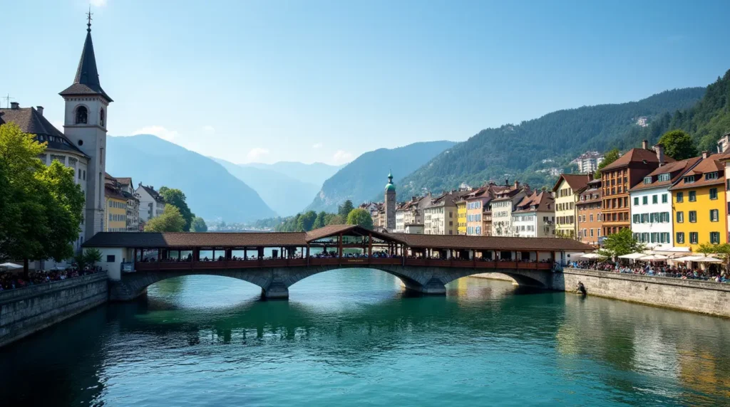 Lucerne's Chapel Bridge over a calm lake with city and mountains