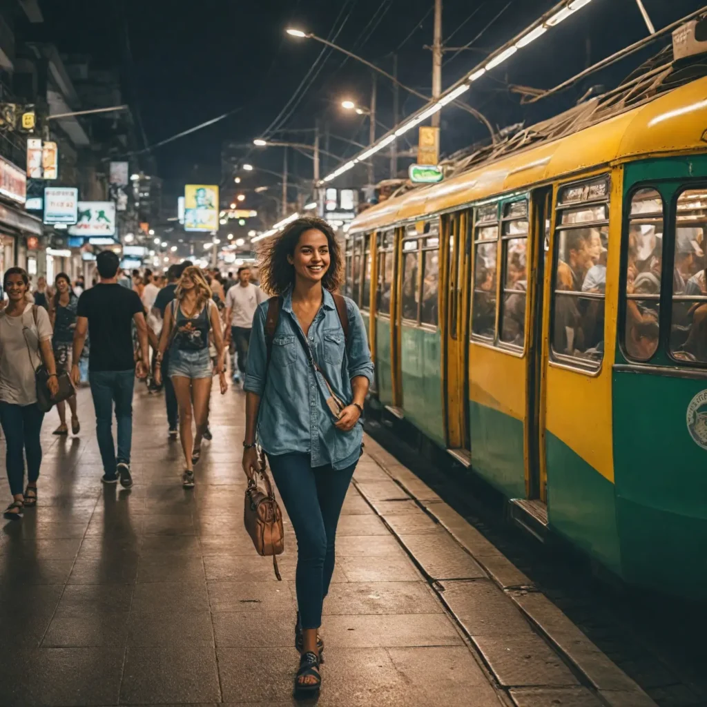 Budgeting Tips for Traveling in Brazil'. Illustrate a traveler happily navigating a Brazilian city, using public transport, enjoying street food, and taking part in free activities, with a budget-friendly vibe.