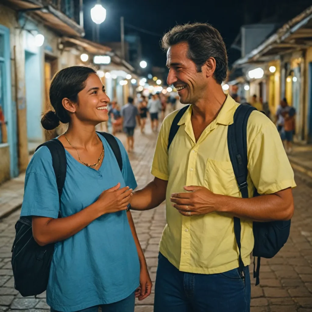 A friendly interaction between a traveler and a local in Brazil, highlighting cultural greetings and a vibrant neighborhood atmosphere.