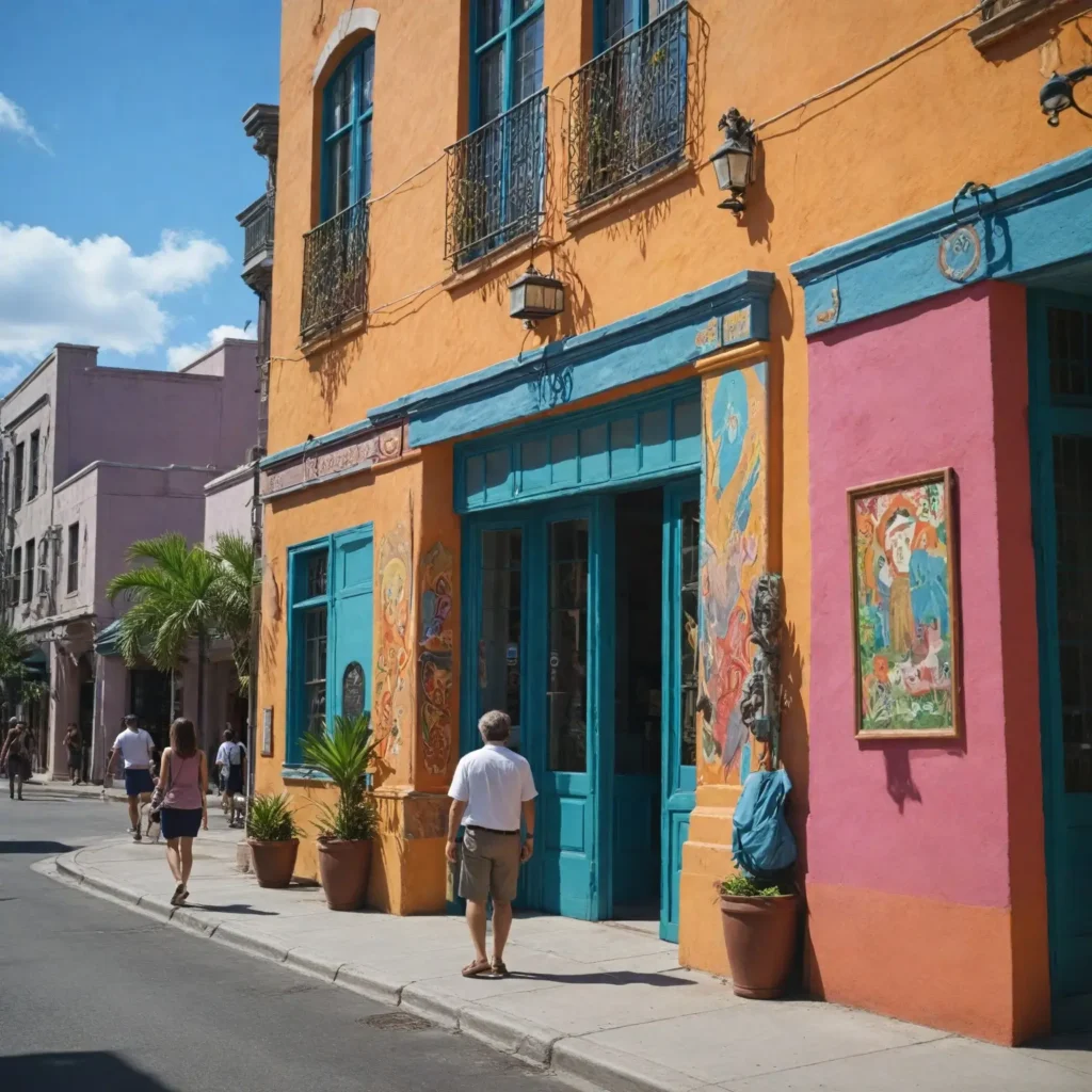 A dynamic and colorful illustration depicting the cultural immersion experience in Orlando, featuring vibrant contemporary art pieces from the Orlando Museum of Art intertwined with traditional Cuban artifacts from the Cuban Museum of Arts and Culture, all set within the lively urban backdrop of downtown Orlando, illustrating the rich tapestry of art and heritage in the city.