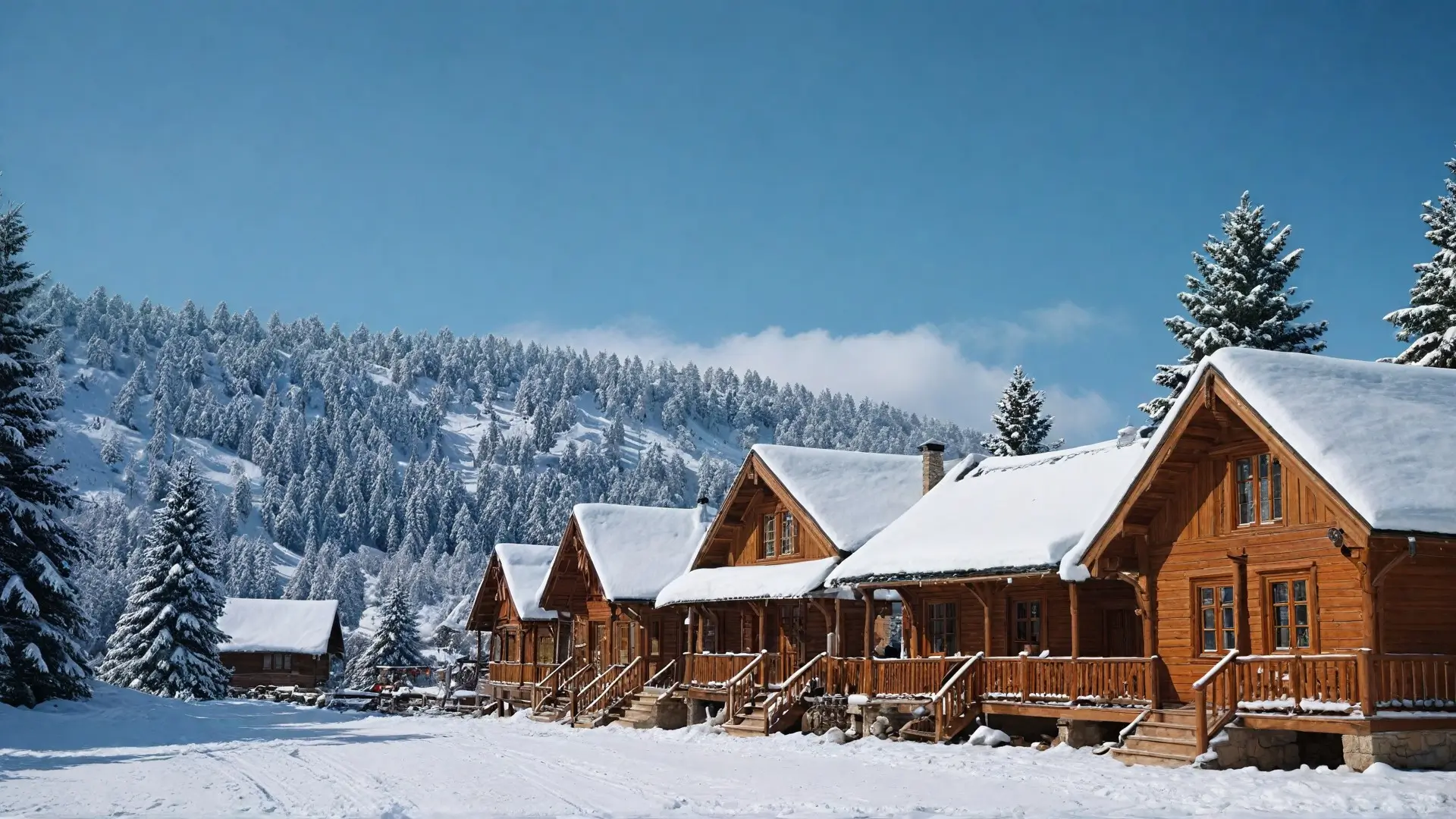 A picturesque winter scene in Ifrane, Morocco, showcasing European-style chalets surrounded by snow-capped cedar forests. Highlight the charm of winter activities such as skiing and playful snow monkeys, all set against the stunning backdrop of the Middle Atlas Mountains. Capture the essence of a winter wonderland, blending Moroccan culture with alpine aesthetics, under a clear blue sky.