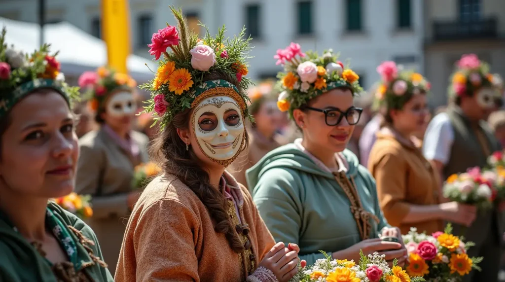 Traditional Swiss Easter parade featuring participants in historical costumes and decorative masks against historic Lucerne architecture