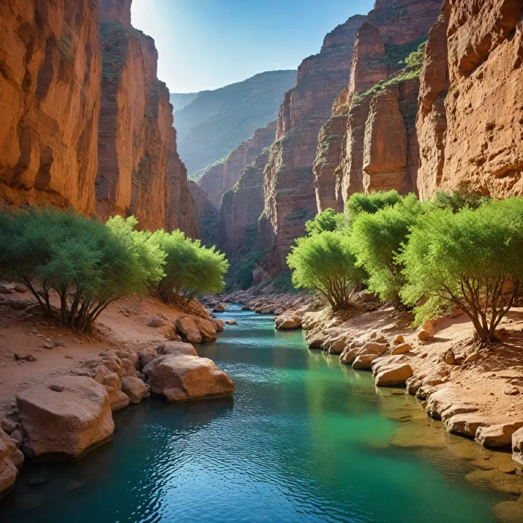 A breathtaking view of Morocco's natural wonders, featuring the lush landscapes of Talassemtane National Park with winding trails and dramatic geological formations. Include the cascading Ouzoud Waterfalls creating a vibrant green sanctuary, and the unique lagoon system of Oualidia showcasing diverse wildlife. Highlight the serene Ait Bouguemez Valley, also known as the "Happy Valley," with its harmonious coexistence of nature and traditional life. Incorporate the dramatic Dades Gorge with verdant corridors, all under soft, inviting lighting that emphasizes the beauty of Morocco's green escapes.