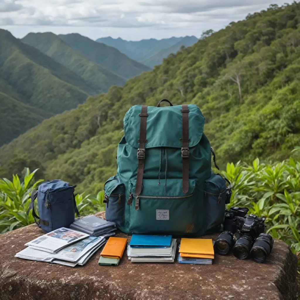 A well-organized backpack filled with essential travel items for Brazil, including lightweight clothing, hiking gear, and travel documents, against a scenic backdrop of Brazilian nature.