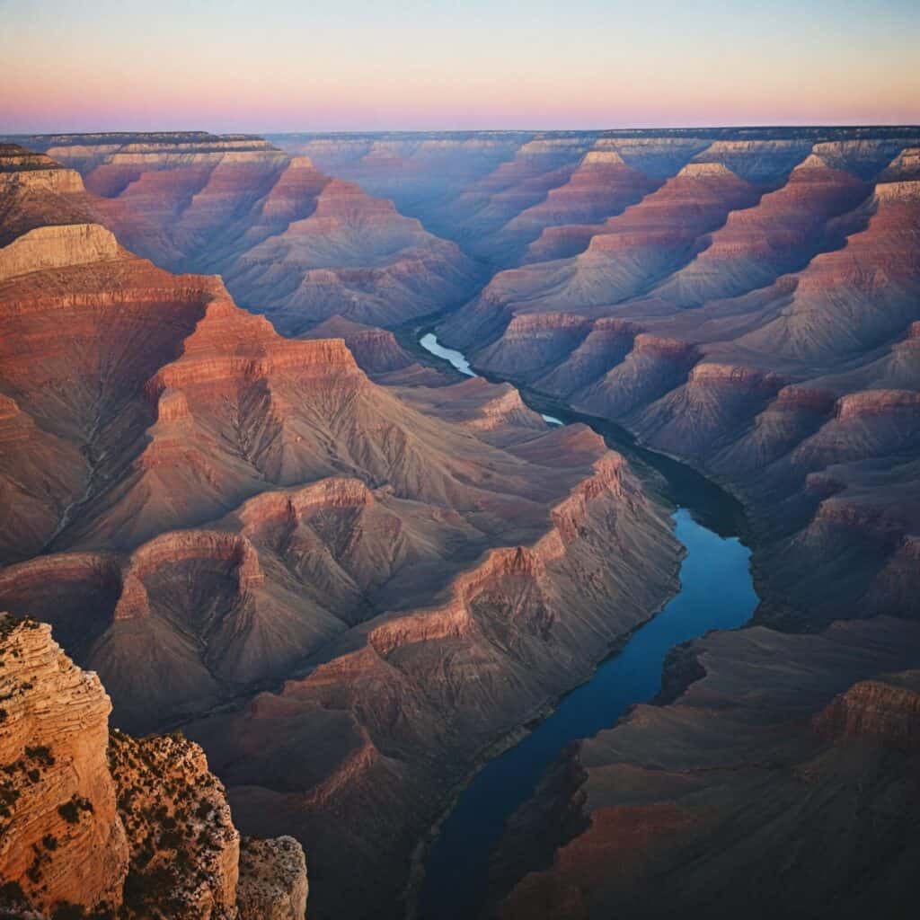 A panoramic view of the Grand Canyon showcasing its vast, colorful layers of rock and deep gorges. The scene should include visitors hiking along the South Rim and a helicopter flying overhead, capturing the immense scale and geological beauty of this natural wonder, with a stunning sunrise or sunset illuminating the canyon.