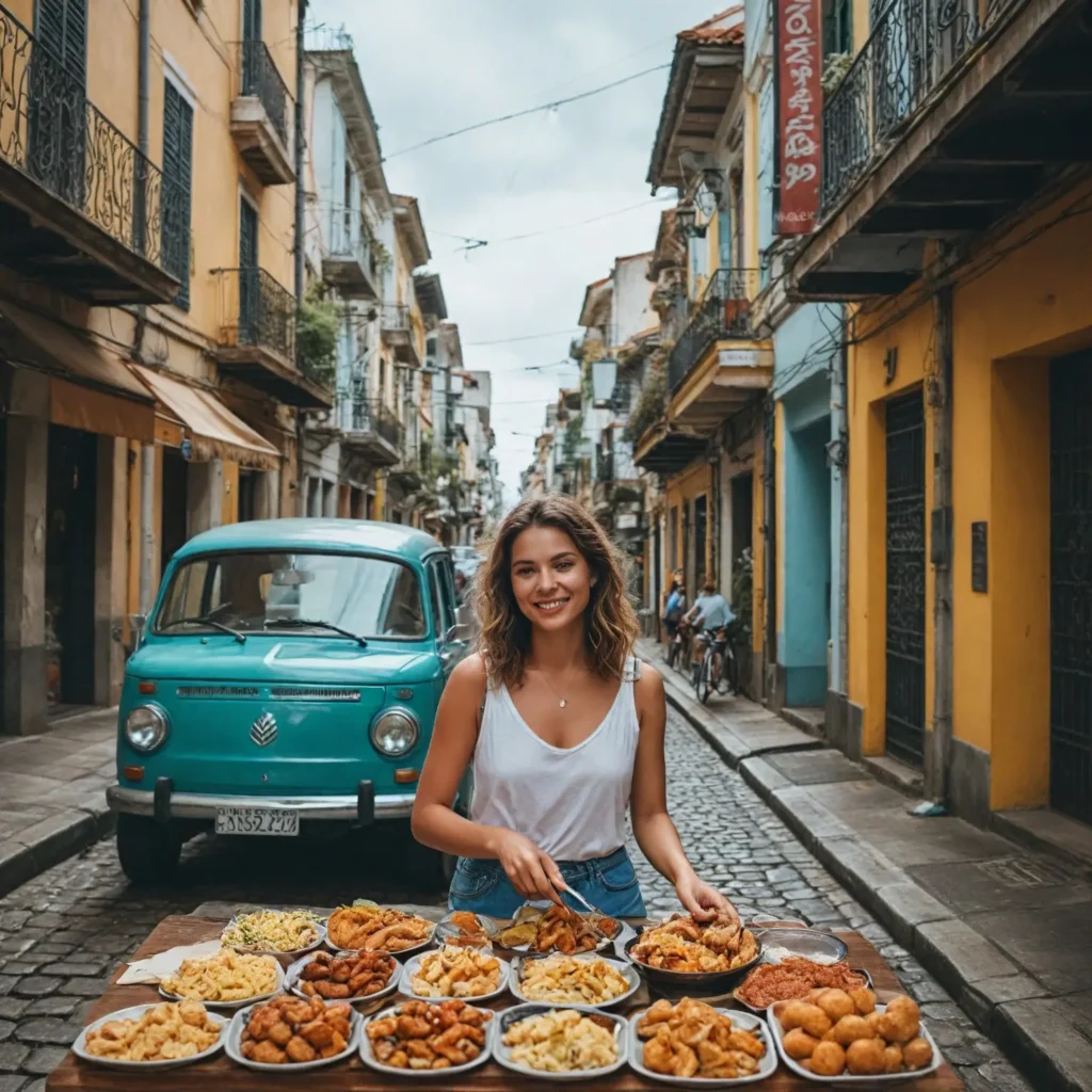 Illustrate a traveler happily navigating a Brazilian city, enjoying street food, and taking part in free activities, with a budget-friendly vibe. includes hotels and restaurant theme