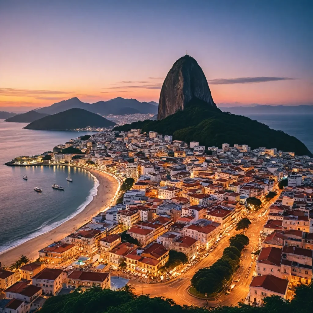 A stunning visual representation of Brazil’s iconic cities, featuring Rio de Janeiro and Salvador. In the foreground, depict: Rio de Janeiro: The majestic Christ the Redeemer statue with a breathtaking sunset behind it. Sugarloaf Mountain with a cable car, showcasing panoramic views of the city and Guanabara Bay. Crowds at Copacabana and Ipanema beaches, highlighting beach volleyball, vendors selling caipirinhas, and sunbathers enjoying the sandy shores. Salvador: The colorful streets of Pelourinho, filled with colonial architecture and lively street performances. A plate of traditional dishes like acarajé and moqueca, emphasizing the city’s rich culinary culture. A vibrant Carnival scene, capturing the energy of dancers in traditional costumes. Use bright colors and dynamic compositions to convey the lively culture and beauty of these two cities.