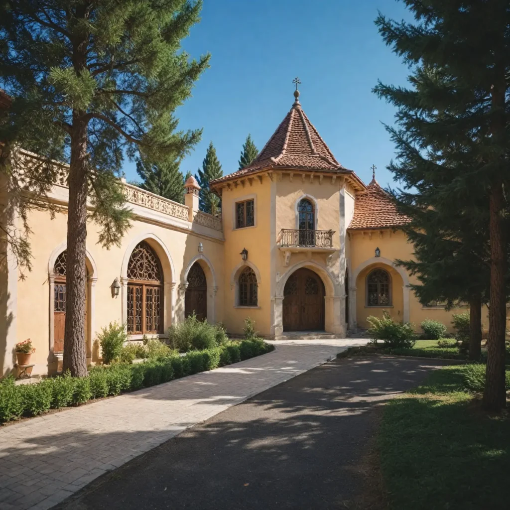 An elegant architectural scene in Ifrane, highlighting its distinct European style amidst traditional Moroccan elements. Capture the charm of buildings developed since 1929 during the French protectorate, inspired by the Swiss Alps. Showcase the harmonious blend of Alpine and Moroccan influences, creating a unique architectural landscape that stands out from typical Moroccan medinas and kasbahs.