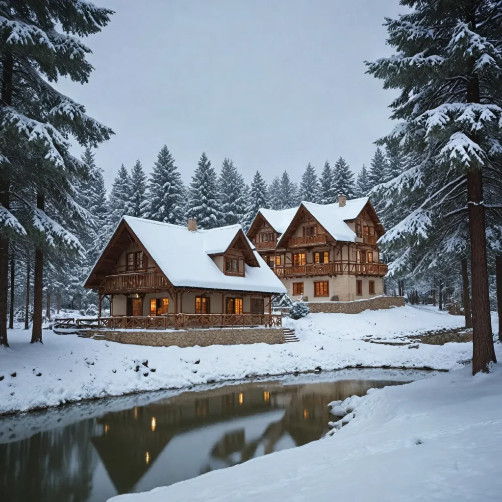 A picturesque scene showcasing various accommodation options in Ifrane, Morocco, perfect for a winter retreat. Illustrate a cozy lodge, a charming budget-friendly hotel, and a luxurious chalet, all set against the backdrop of snow-covered landscapes. Emphasize the warmth and unique experiences each place offers, catering to diverse preferences and budgets in this enchanting winter wonderland.