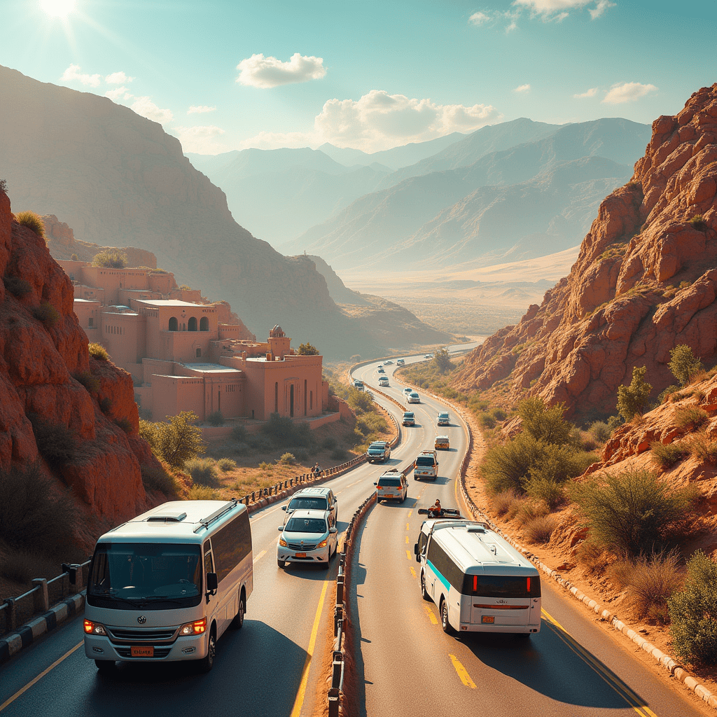 A breathtaking scene depicting various transportation services traveling through Morocco's stunning natural wonders. Showcase a diverse range of vehicles, including modern cars, traditional taxis, and buses, navigating iconic landscapes like the Atlas Mountains, the Sahara Desert, and lush valleys. Include elements of local culture, such as people enjoying the scenery and traditional Moroccan architecture in the background. Use vibrant colors and dramatic lighting to emphasize the beauty and adventure of exploring Morocco's wonders through its transportation services.