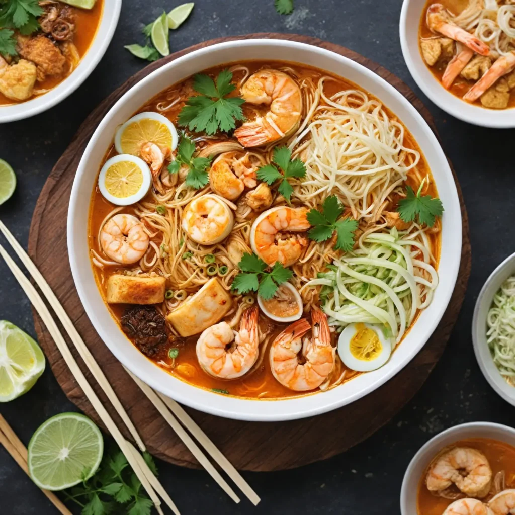 A tantalizing and detailed illustration of Laksa, Singapore's iconic spicy noodle soup. Focus on a bowl of Curry Laksa, showcasing its rich, creamy coconut milk broth filled with thick rice noodles, fresh shrimp, tofu puffs, and bean sprouts. Add vibrant garnishes like fresh herbs and chili slices for a pop of color. Surround the dish with elements that represent its cultural significance, such as a traditional hawker center backdrop or a bustling street food scene. Highlight the comforting and inviting nature of this dish, emphasizing its aromatic broth and the perfect balance of spices, with a price tag of $6-$10 featured artistically in the composition.