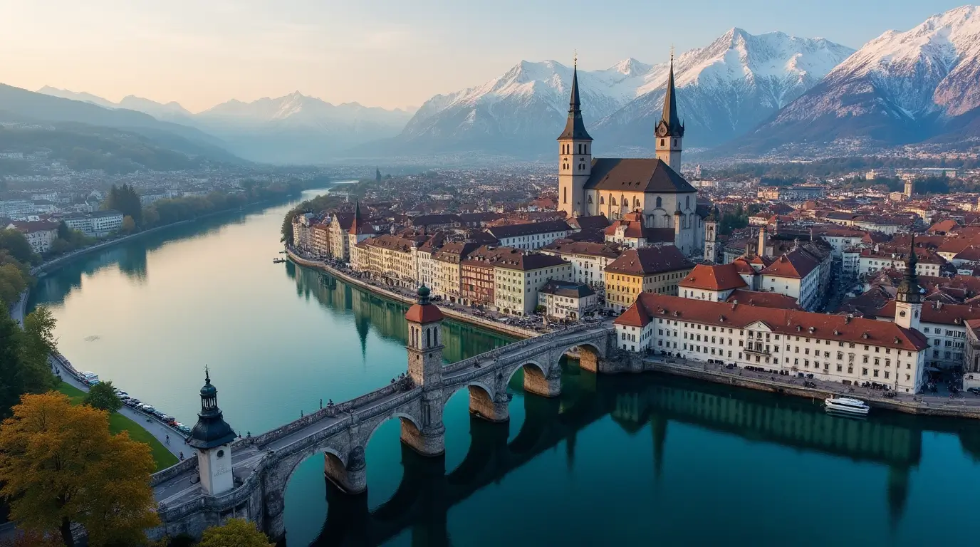 Aerial view of Lucerne Switzerland showing Chapel Bridge and Alps