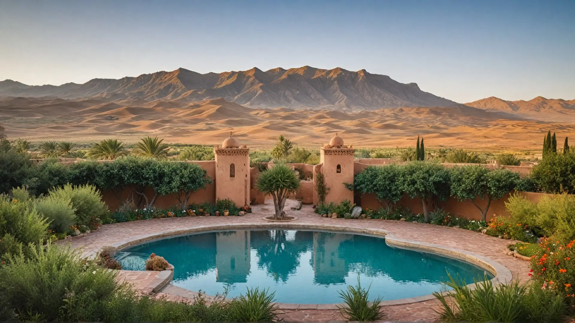 A stunning landscape of Morocco showcasing lush greenery and hidden gardens amidst golden desert dunes, with majestic mountains in the background. Incorporate vibrant wildflowers, traditional Moroccan architecture, and flowing fountains, highlighting the harmony between nature and culture. Soft, warm lighting to evoke a serene, inviting atmosphere.