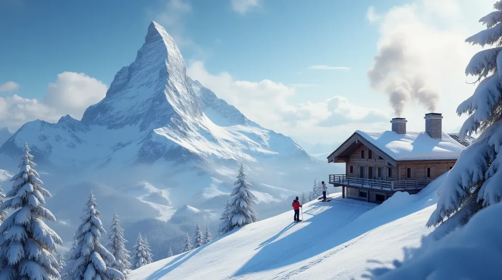 The Matterhorn with skiers and an alpine chalet in the foreground.