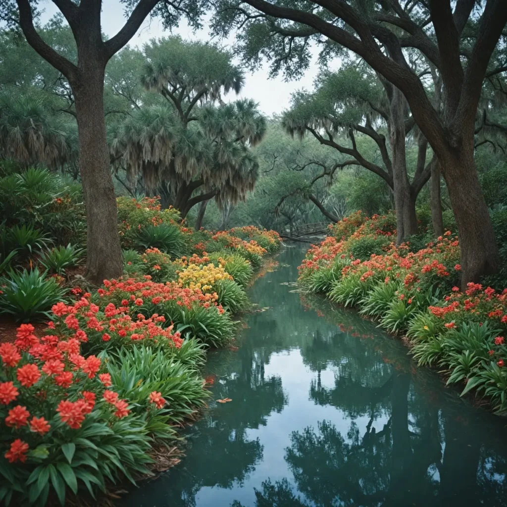 An immersive visual journey through Orlando's natural escapes: from the colorful blooms and historic charm of Harry P. Leu Gardens, to the sunny beaches and lively downtown of New Smyrna Beach, and the tranquil manatee refuge at Blue Springs State Park, all captured in a vibrant and cohesive illustration that highlights the diversity and beauty of each location.