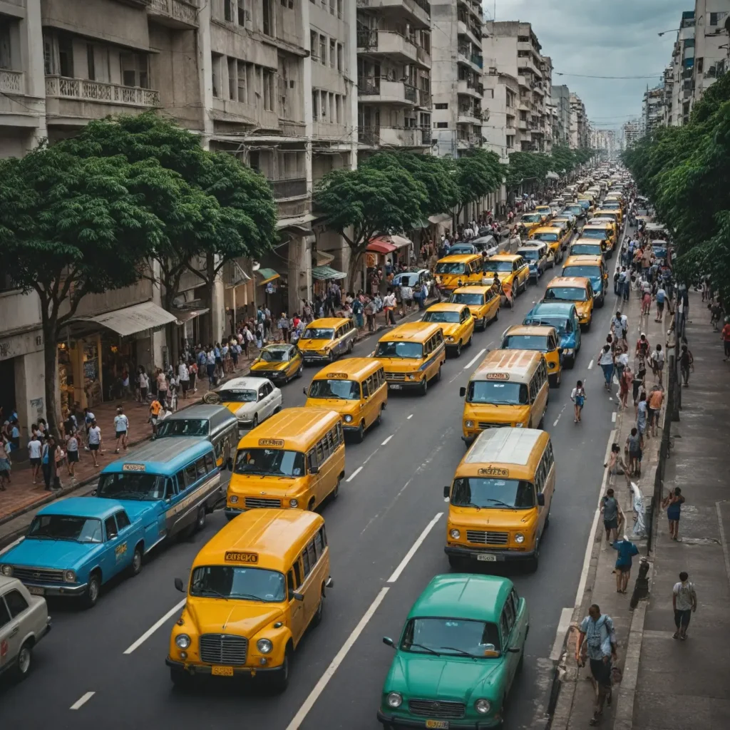 A bustling Brazilian street scene with various modes of transportation, including buses, taxis, and metro stations, showcasing the urban vibrancy of Brazil.