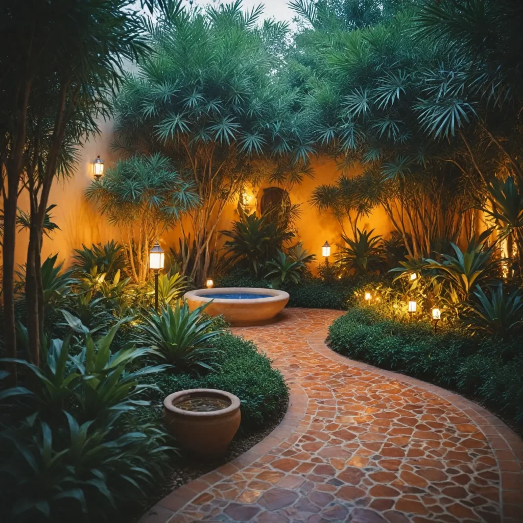 A serene Moroccan garden embodying a paradise-like atmosphere, featuring lush greenery, flowing fountains, and fragrant orange blossoms. Include intricate shadows cast by palm trees on colorful tiled pathways. Showcase artistic elements like hidden sculptures and bamboo corridors, with a blend of traditional and contemporary design. The scene should evoke a sense of tranquility and spiritual reflection, capturing the essence of Moroccan garden culture. Soft, warm lighting enhances the inviting ambiance.