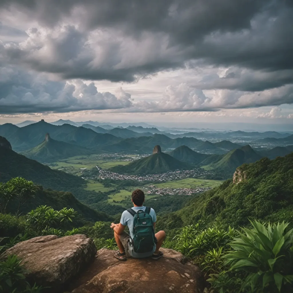 A picturesque view of Brazil's diverse landscapes, showcasing vibrant cities and lush nature, with a backpacker planning their trip.