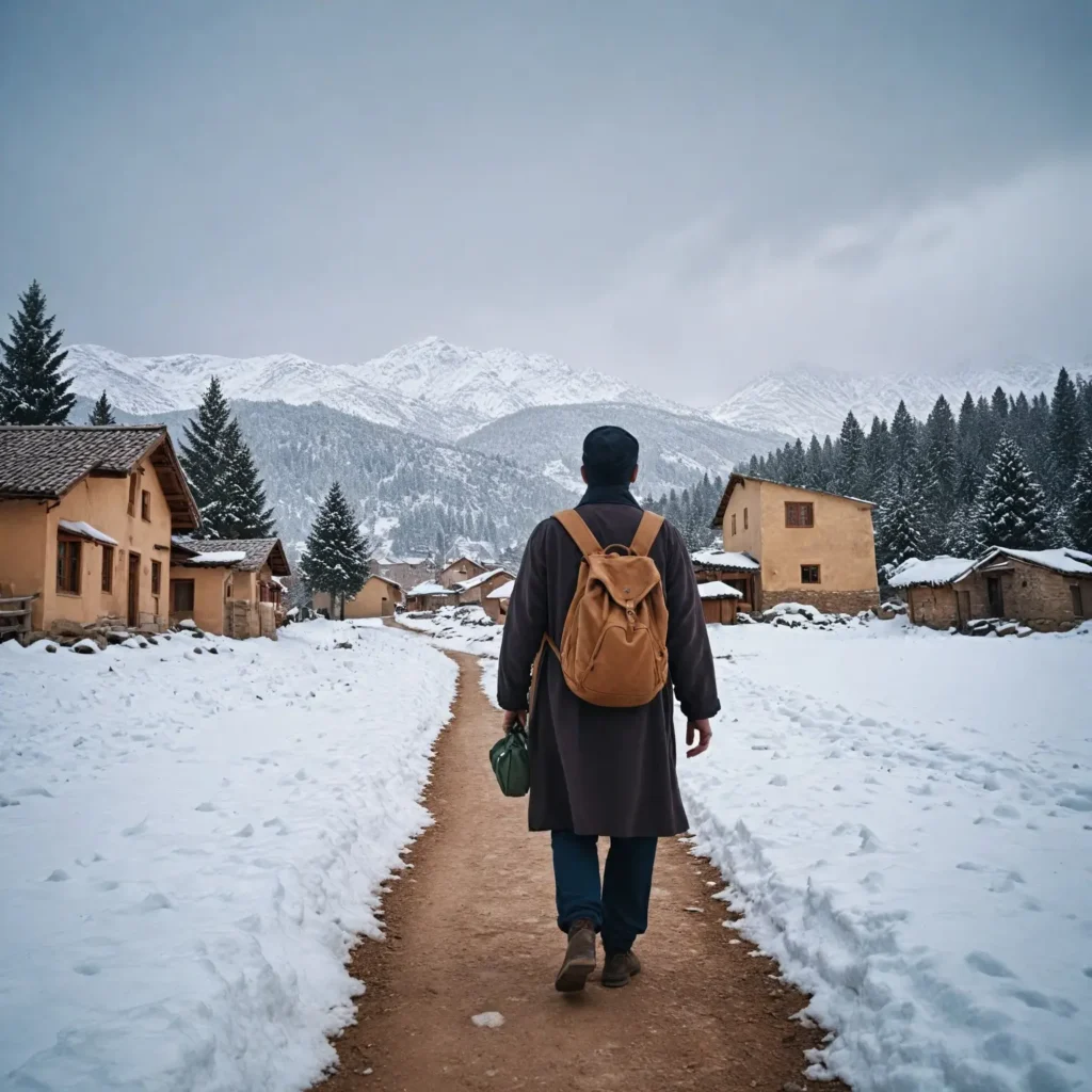 A cozy winter planning scene for an adventure in Ifrane, Morocco. Illustrate a warm, inviting space with travel maps, snowy landscapes, and winter gear, emphasizing the enchanting atmosphere of Ifrane. Include a man with a bag walking along a snow-covered road, capturing the essence of preparation and timing essential for experiencing the best of this mountain paradise, with hints of Alpine charm and Moroccan culture in the background.