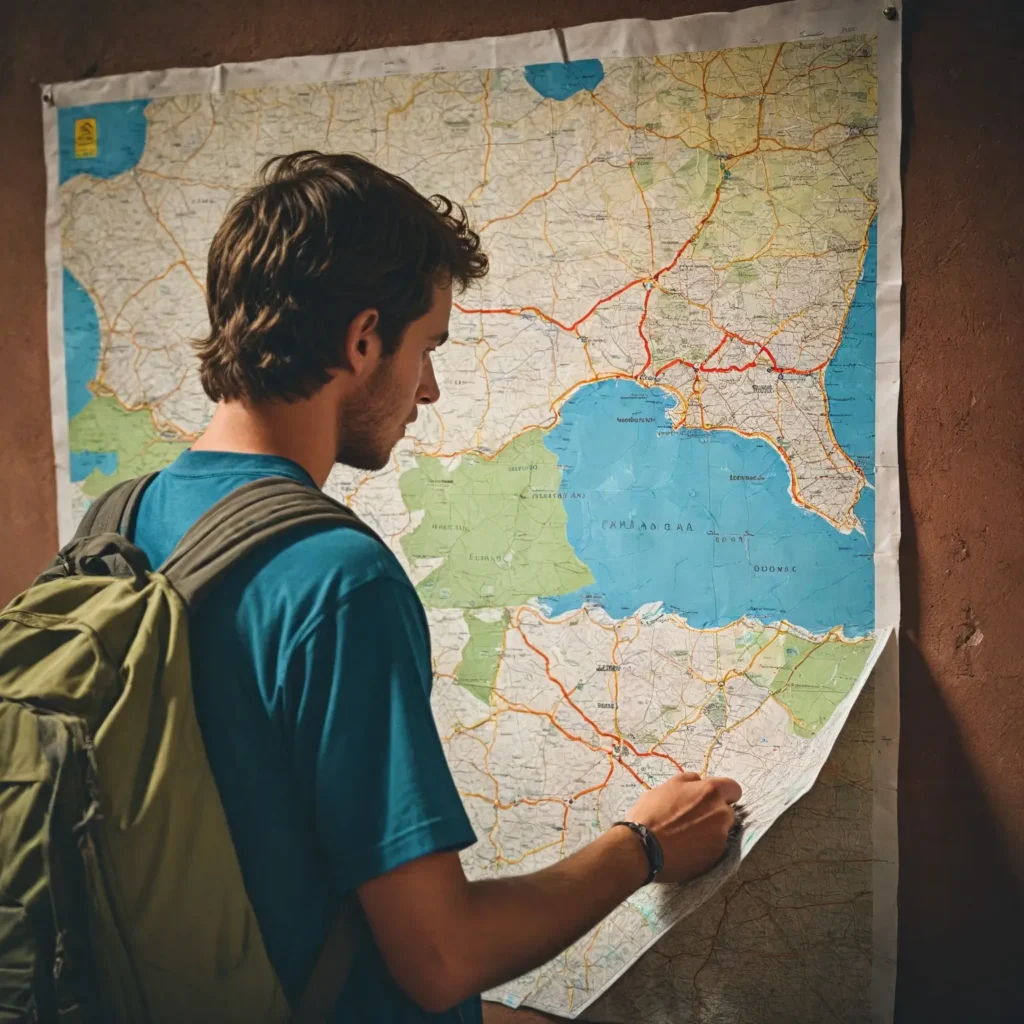 A backpacker looking at a map of safe neighborhoods in a Brazilian city, with visuals of emergency resources and safety precautions.