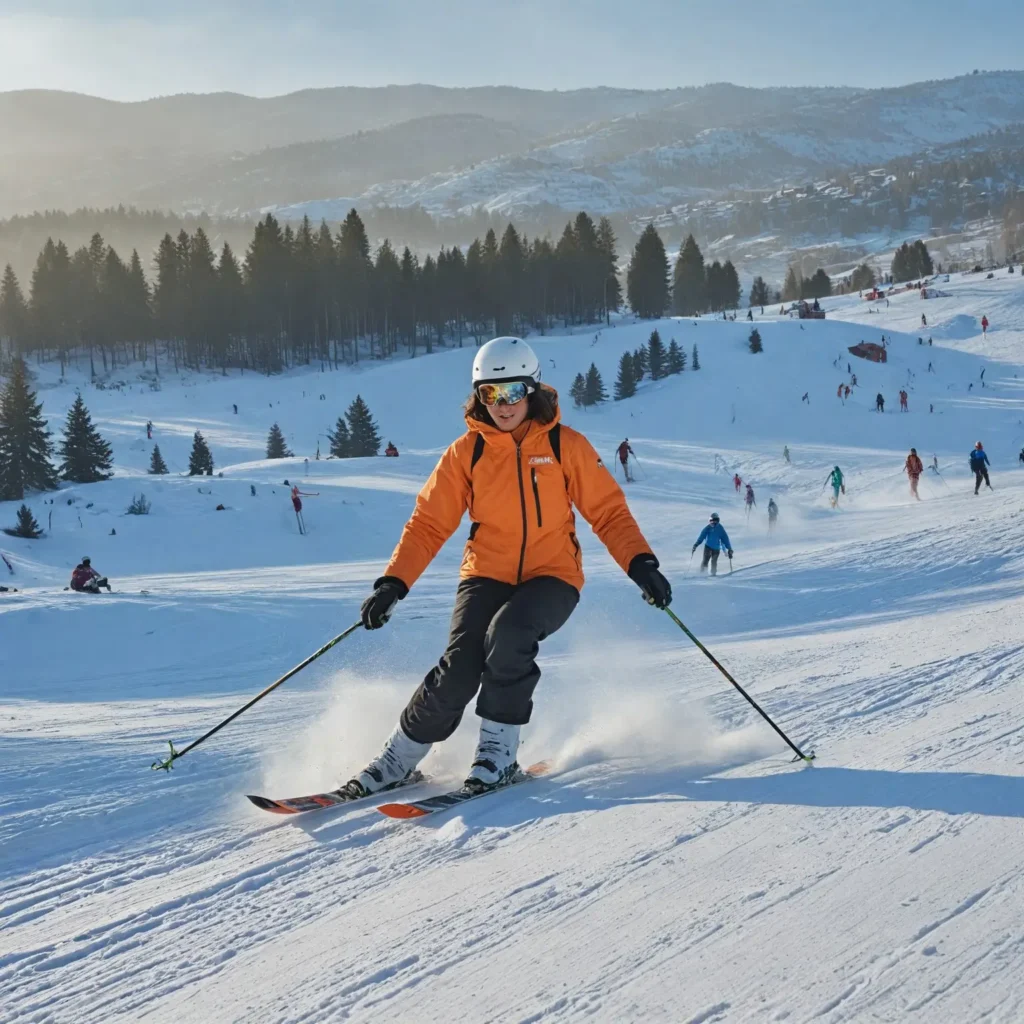 An exhilarating winter scene at Michlifen Ski Resort in Ifrane, Morocco, showcasing the vibrant atmosphere of a premier ski destination. Capture skiers gracefully navigating the well-maintained slopes, snowboarders performing tricks, and families enjoying sledding. Highlight the majestic backdrop of snow-covered mountains and the highest ski lift in Africa, with a clear blue sky above. The scene should reflect the excitement and diversity of winter sports, appealing to enthusiasts of all levels.