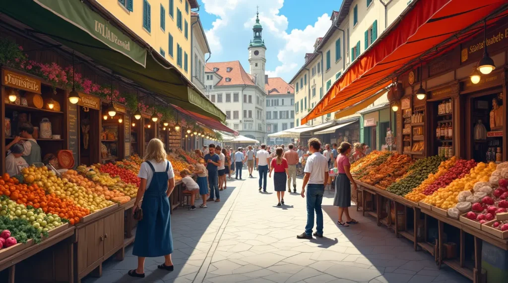 A vibrant Swiss market in Geneva with colorful stalls and historic buildings