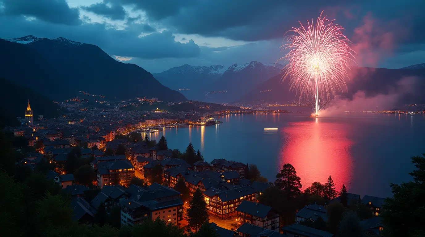 Spectacular fireworks display over Lake Lucerne during Swiss National Day celebrations, with illuminated chalets and the Alps in the background