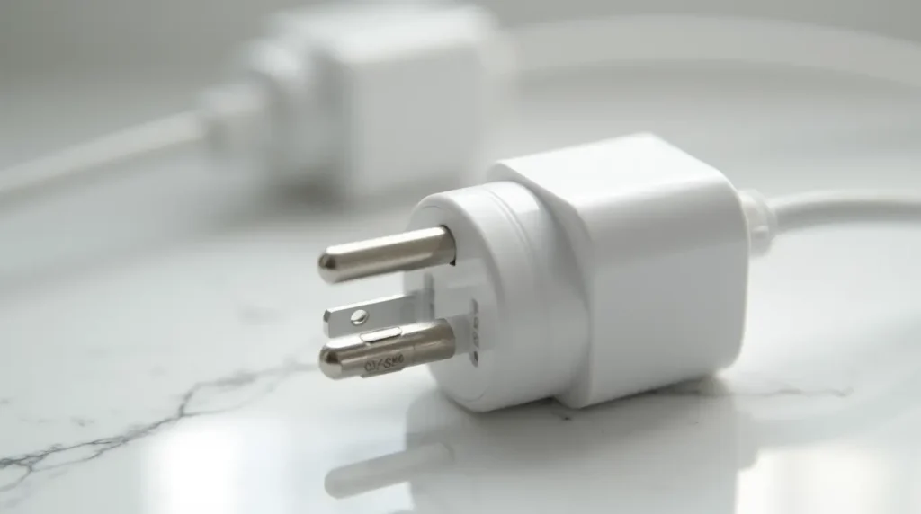 Close-up view of a Type J Swiss power adapter showing its distinctive three-pin configuration against a white marble surface