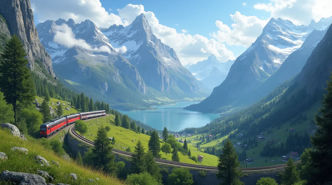 A train winding through the Swiss Alps with mountains and a blue lake.