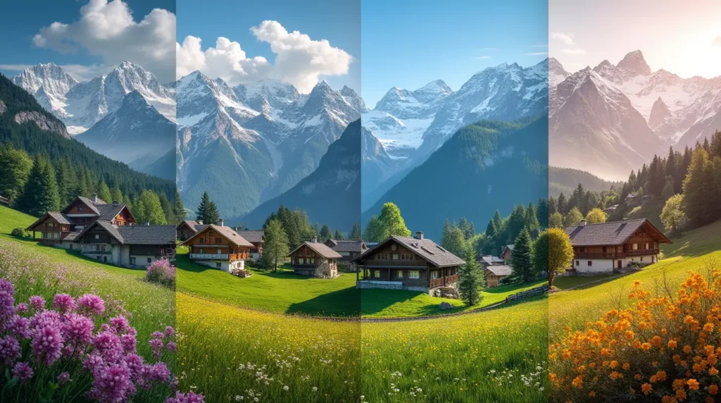 Four-season collage of a Swiss alpine village showing seasonal changes