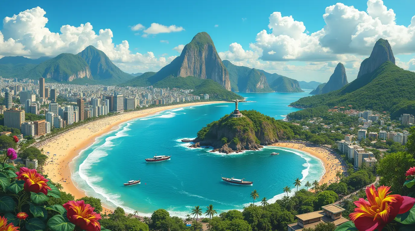 A vibrant collage showcasing the beauty of Rio de Janeiro and its surroundings, featuring iconic landmarks like Christ the Redeemer, Sugarloaf Mountain, the beaches of Copacabana, and the lush landscapes of Ilha Grande. Include elements of local culture, such as samba dancers and street food, all under a bright blue sky with fluffy clouds, capturing the spirit of adventure and the unique charm of Brazil