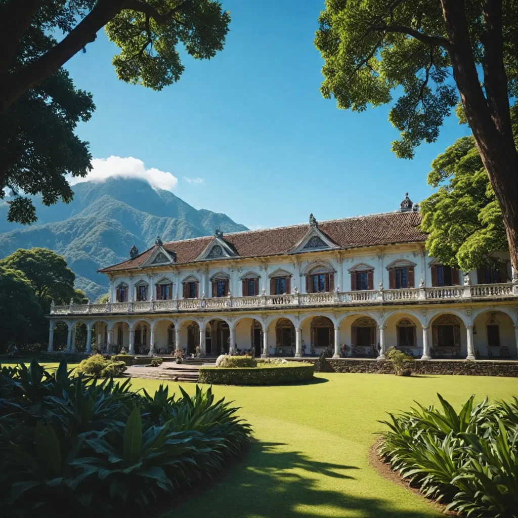 The stunning architecture of the Imperial Museum in Petrópolis, Brazil, surrounded by lush green mountains, with visitors exploring the beautiful gardens and historical exhibits, under a clear blue sky