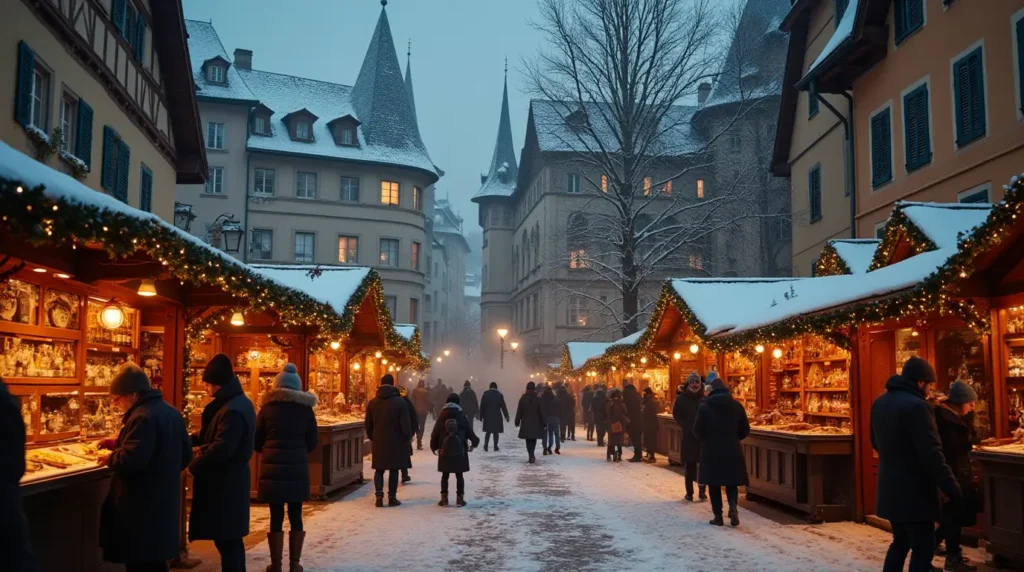 Charming Swiss Christmas market in Zurich's old town with illuminated wooden stalls and snow-covered medieval architecture